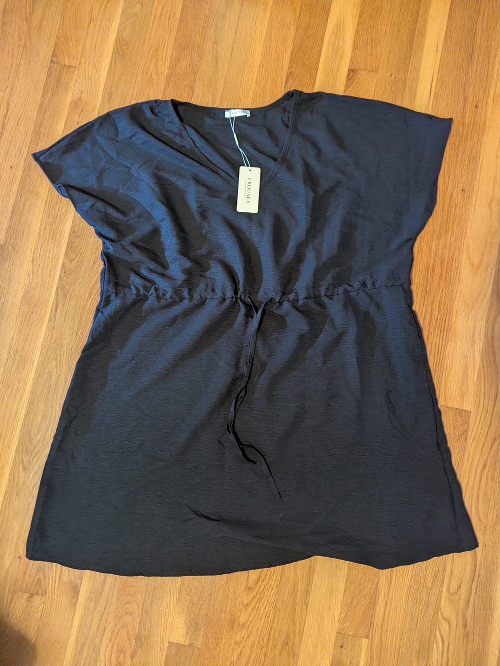 Black V-Neck Swim Cover-Up with Drawstring Waist